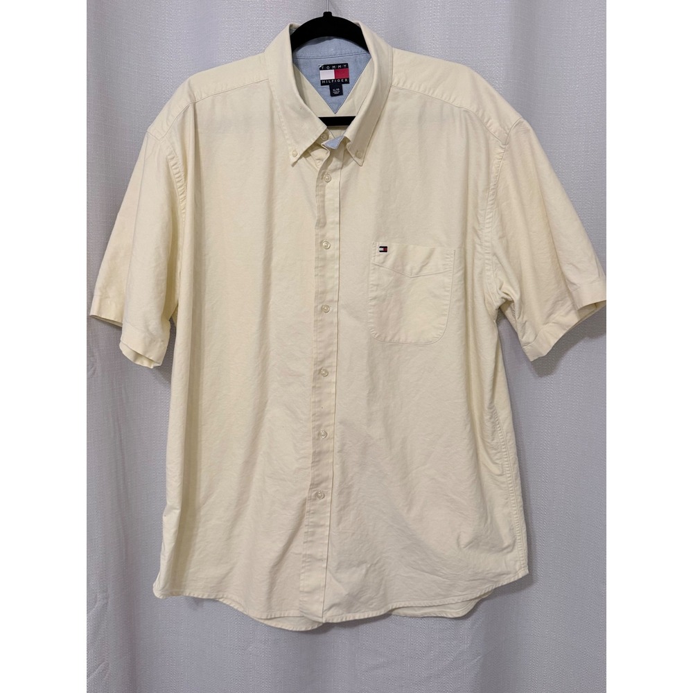 Tommy Hilfiger Mens XL Short Sleeve Button Down Shirt Pale Yellow Cotton Logo